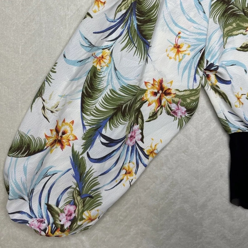 FKSP Women’s Hawaiian Floral Bodysuit Small Mesh Panties Bell Sleeve Button Down - Picture 6 of 15